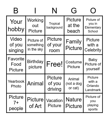 Photo Scavenger Hunt Bingo Card