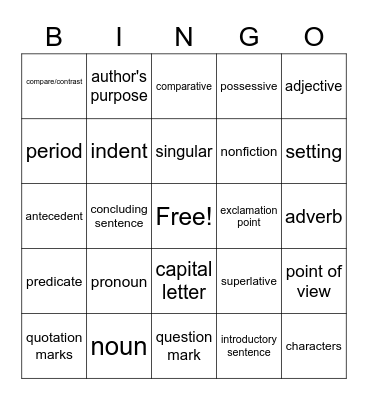 ELA Bingo Card