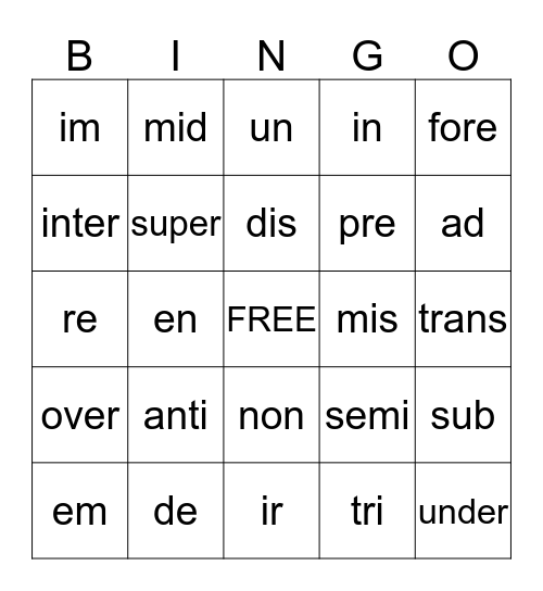 Common Prefixes! Bingo Card