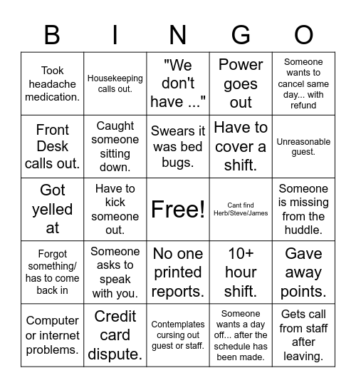 Hotel Manager Bingo Card