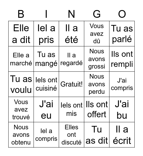 Le passé composé Bingo Card