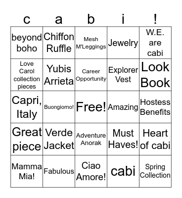 cabi Hostess Fashion Experience Bingo Card