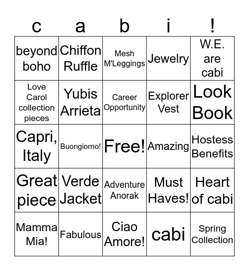 cabi Hostess Fashion Experience Bingo Card