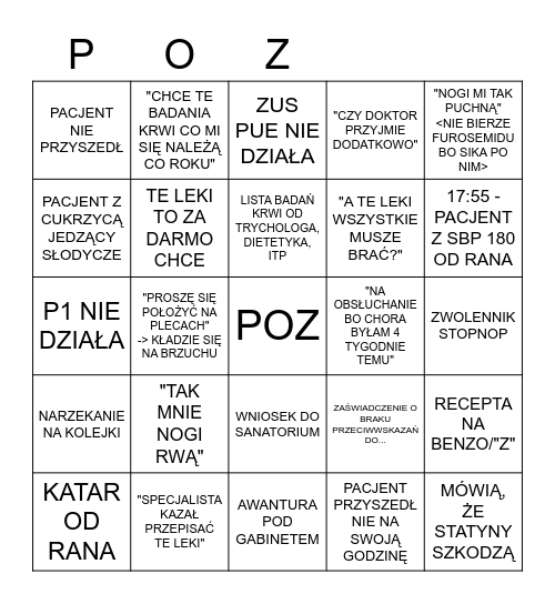 Typowy dzień w POZ Bingo Card