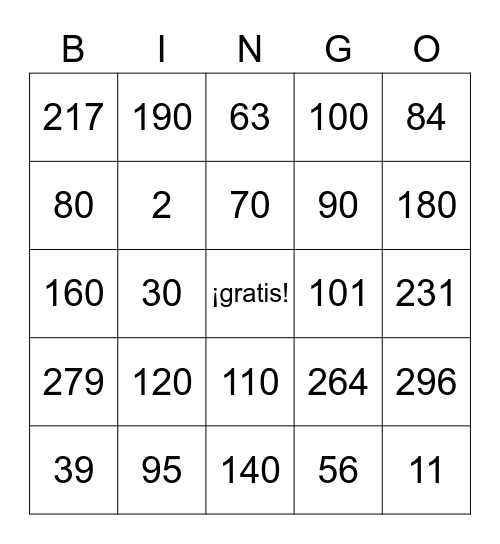 Spanish 0-200's Bingo Card