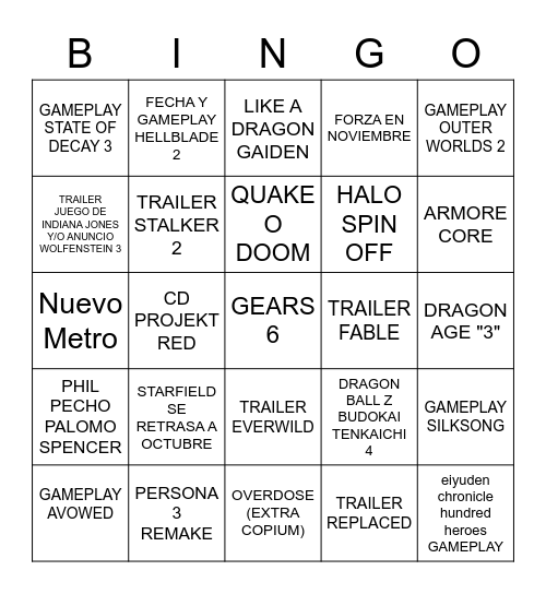 XBOX AND BETHESDA SHOWCASE Bingo Card