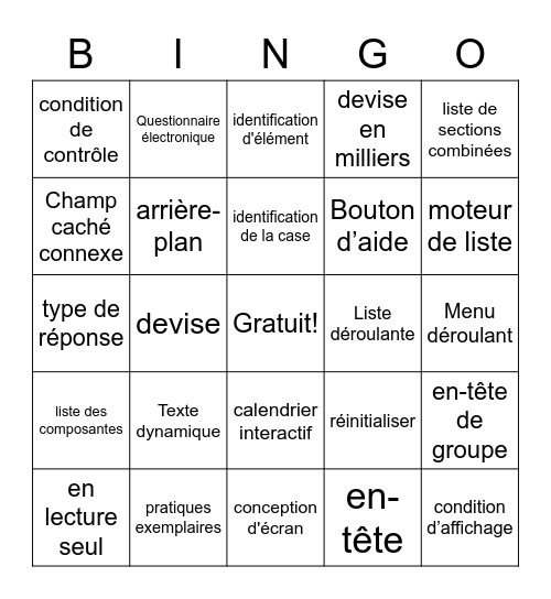 Bingo Francais Bingo Card