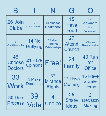 Rights Bingo Card
