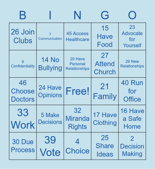 Rights Bingo Card