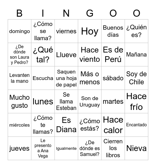 Spanish Intros & Weather Bingo Card