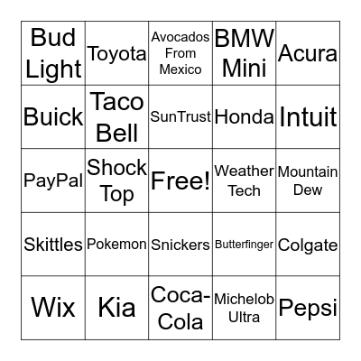 SUPER BOWL XLVII COMMERCIAL BINGO Card