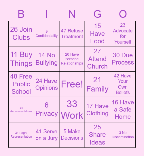 Rights Bingo Card