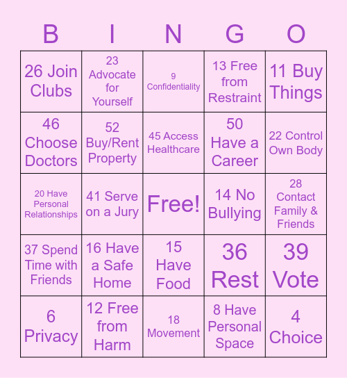 Rights Bingo Card