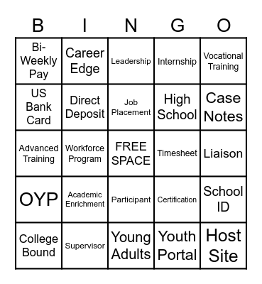 School Year Internship BINGO Card