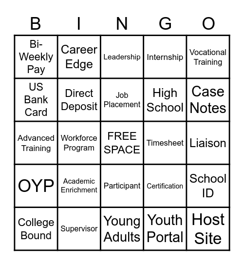 School Year Internship BINGO Card