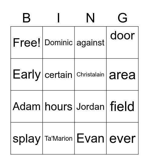 Site word Bingo Card