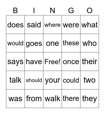 Heart Word Bingo Card