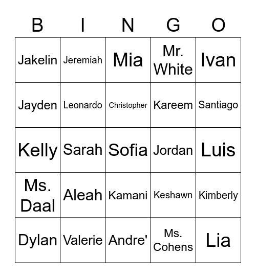 Ms. Daal's Class Bingo Card