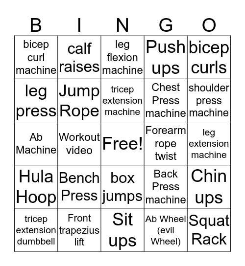 Weight lifting Bingo Card
