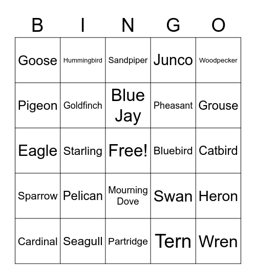Bird Watching Bingo Card