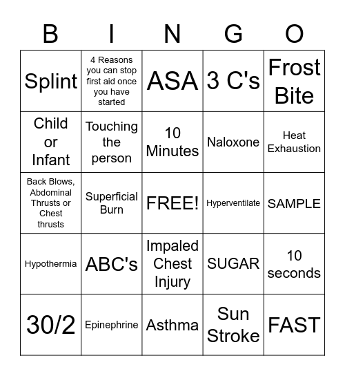 FIRST AID Bingo Card