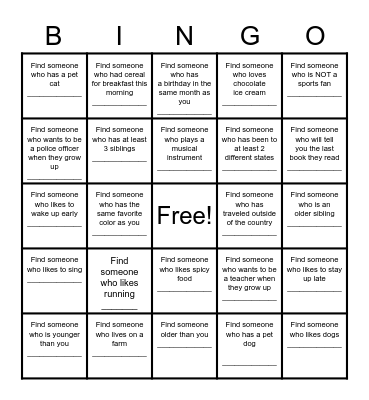 Find a Friend Bingo Card