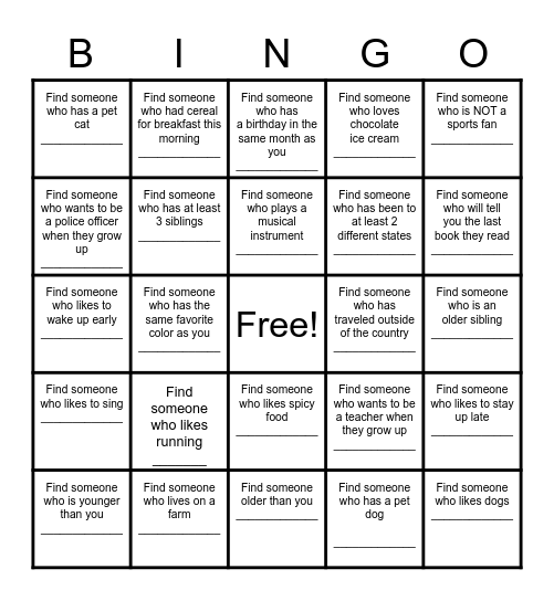 Find a Friend Bingo Card