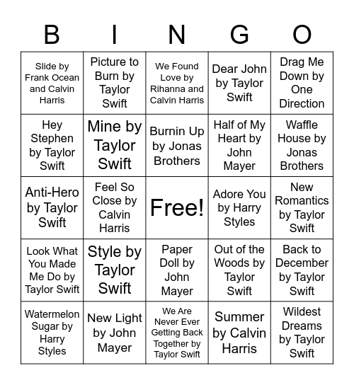 Taylor Swift and Her Exes Bingo Card