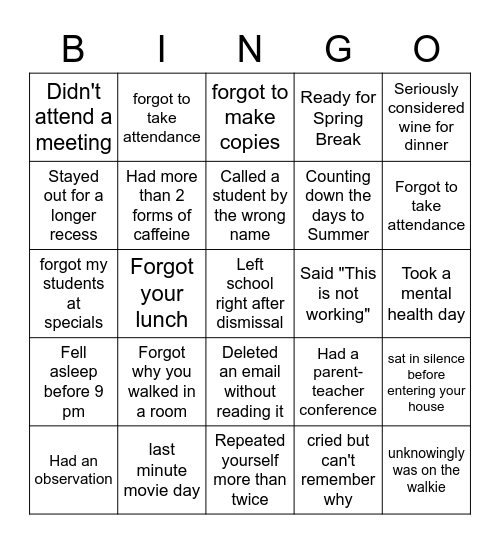 Tired Teacher Bingo Card