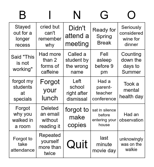 Tired Teacher Bingo Card