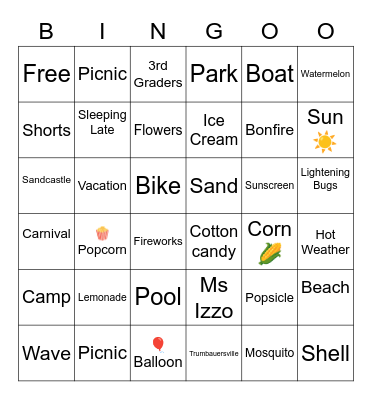 End of 2nd Grade Summer Bingo Card