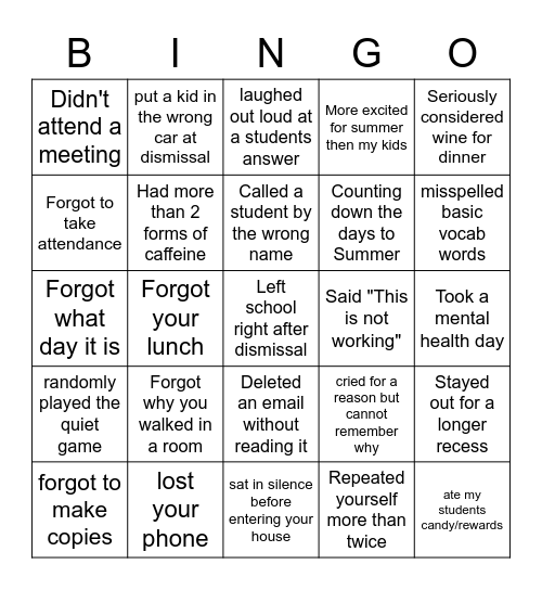 Tired Teacher Bingo Card