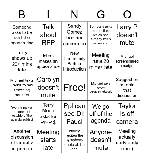 What Happens in a Network Meeting Bingo Card