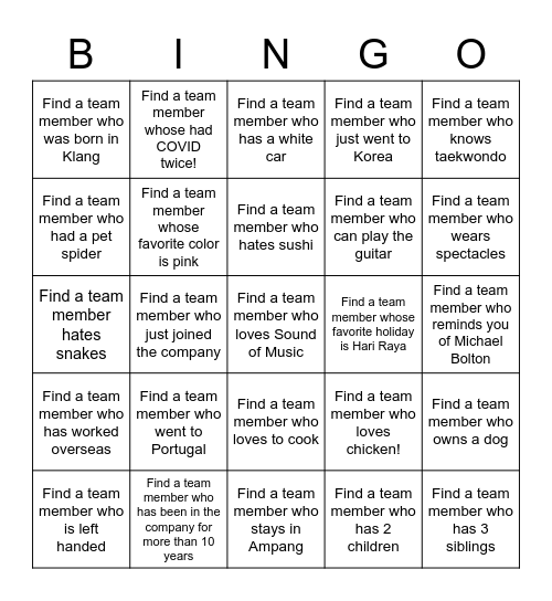 Get to Know the Team! Bingo Card