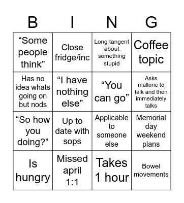 1:1 manager bingo Card