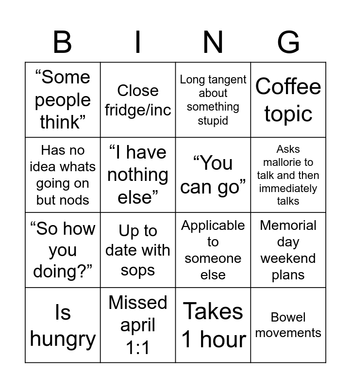 1:1 manager bingo Card