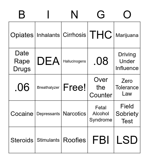 Drugs and Alcohol - Health Bingo Card