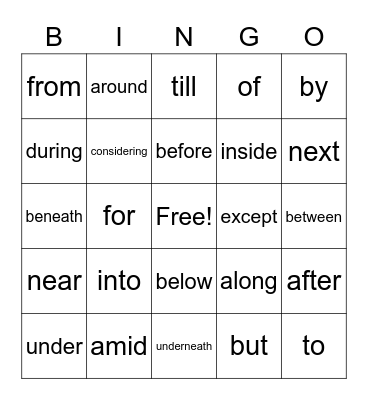 Prepositions Bingo Card
