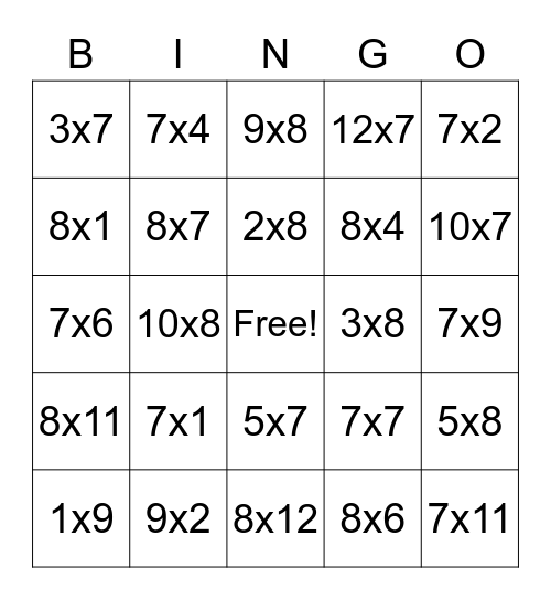 Multiplication Flash Cards Bingo Card