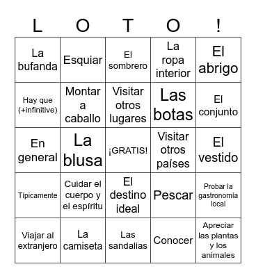 1.6 Turísmo y Ropa Bingo Card