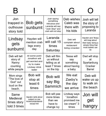 Family Vacation Bingo Card