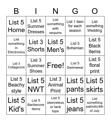 Poshmark Listing Bingo Card