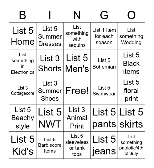 Poshmark Listing Bingo Card
