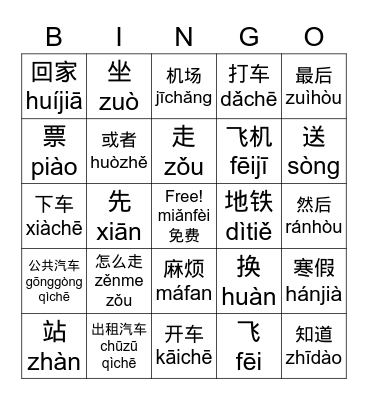 Transportation, Jiāotōng, 交通 Bingo Card