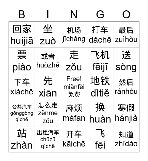 Transportation, Jiāotōng, 交通 Bingo Card