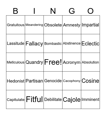 Vocabulary Bingo Card