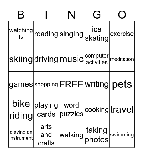 Leisure Time Bingo Card