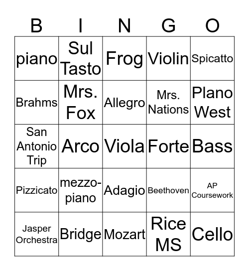 Jasper Orchestra Bingo Card