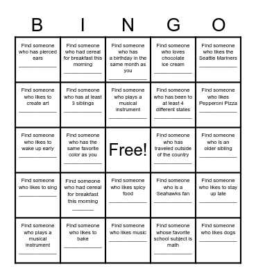 Find a Friend Bingo Card