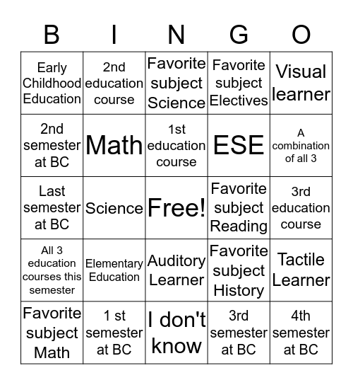 EDF1005 Bingo Card